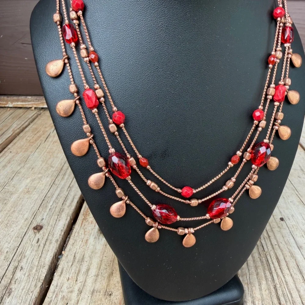 Layered Multi-Strand Beaded Necklace Womens Red Copper Tone Statement Jewelry